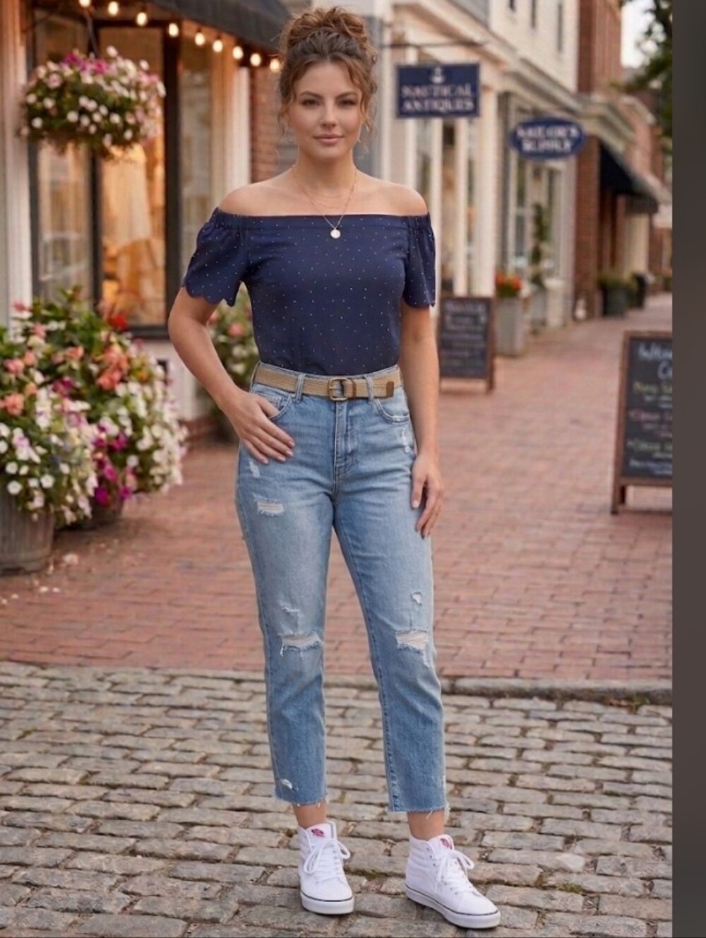 Elle Navy Off The Shoulder Flutter Sleeves Top White Polka Dot, Medium - Picture 2 of 13